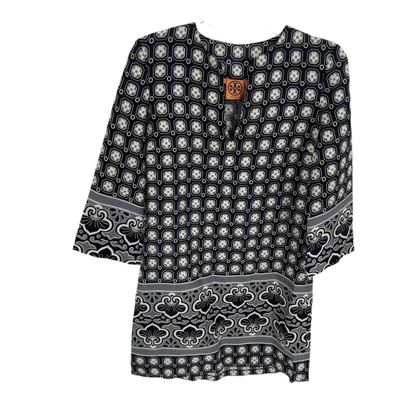 Tory Burch Womens  tunic dress Silk floral Geometric pattern Size 4 Black Gray - Picture 1 of 10